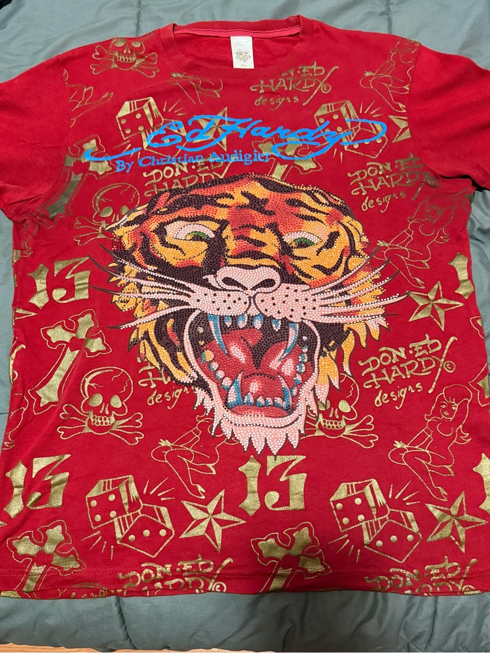 Christian Audigier Red Graphic Tiger Tee with Gold Accents
